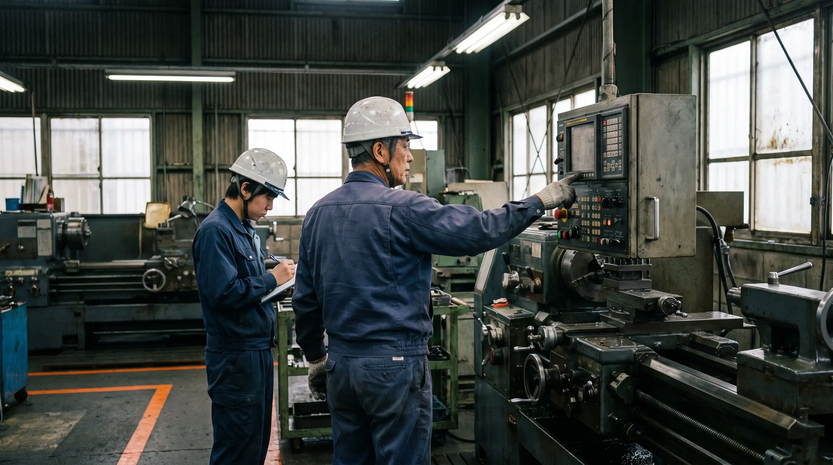 ベテラン作業者が新人に機械の操作を教えている様子