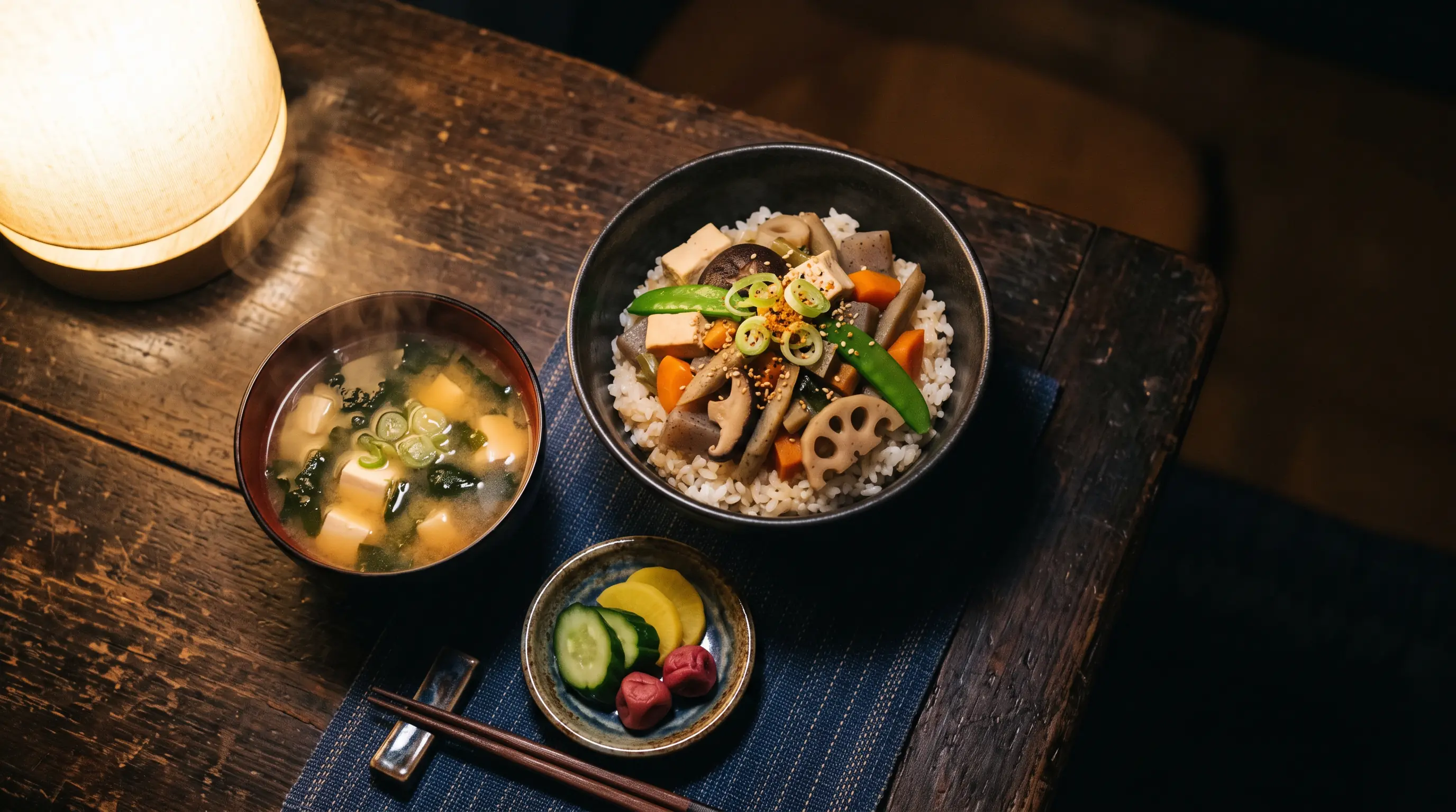 湯気の立つ夜ごはん。丼と味噌汁と漬物